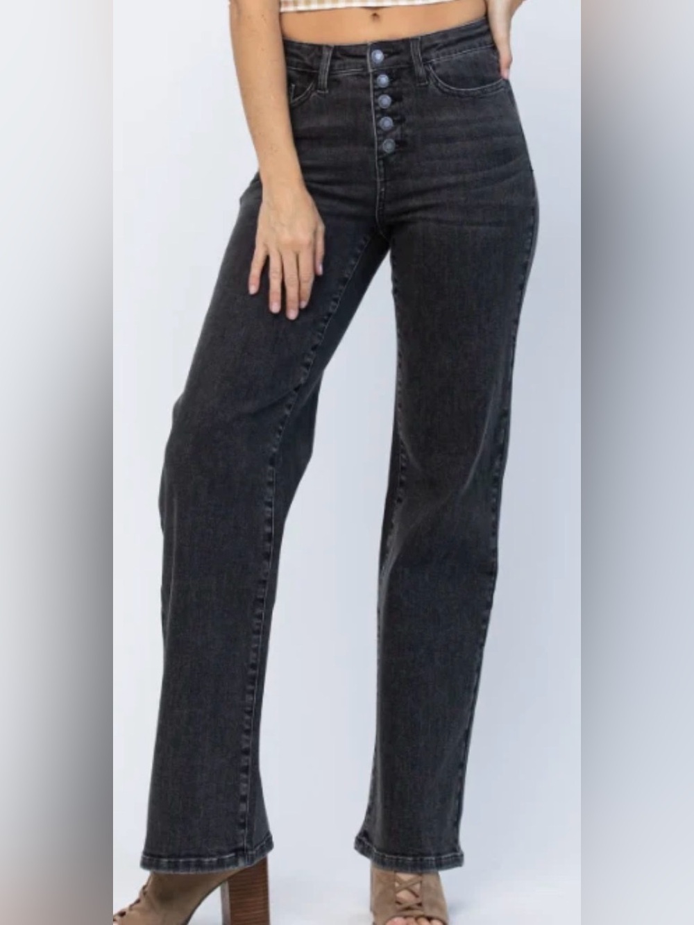 Judy Blue "Date Night" Black Trouser Wide Leg Jeans High Rise Button Fly 13/31